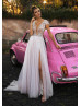Heavily Beaded Ivory Tulle High Slit Sexy Beach Wedding Dress